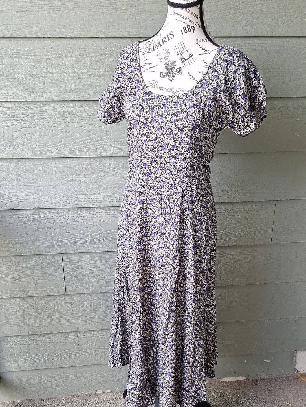 Vintage 90s Dark Floral Grunge Short Sleeve Midi Maxi Dress Black Combo Size M